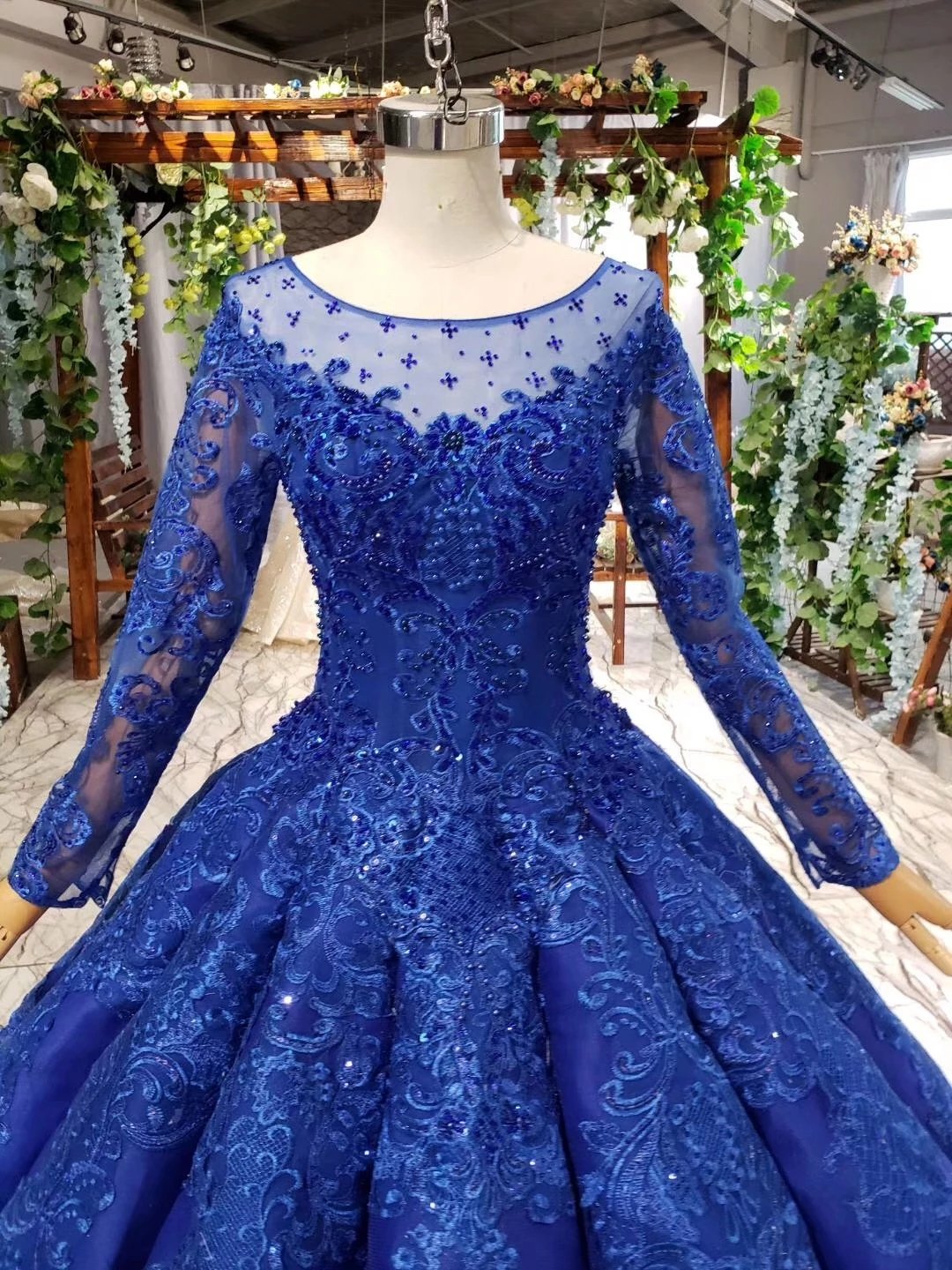 Royal Blue Long Sleeves Tulle with Lace Applique Formal Gown, Blue Bri –  Cutedressy